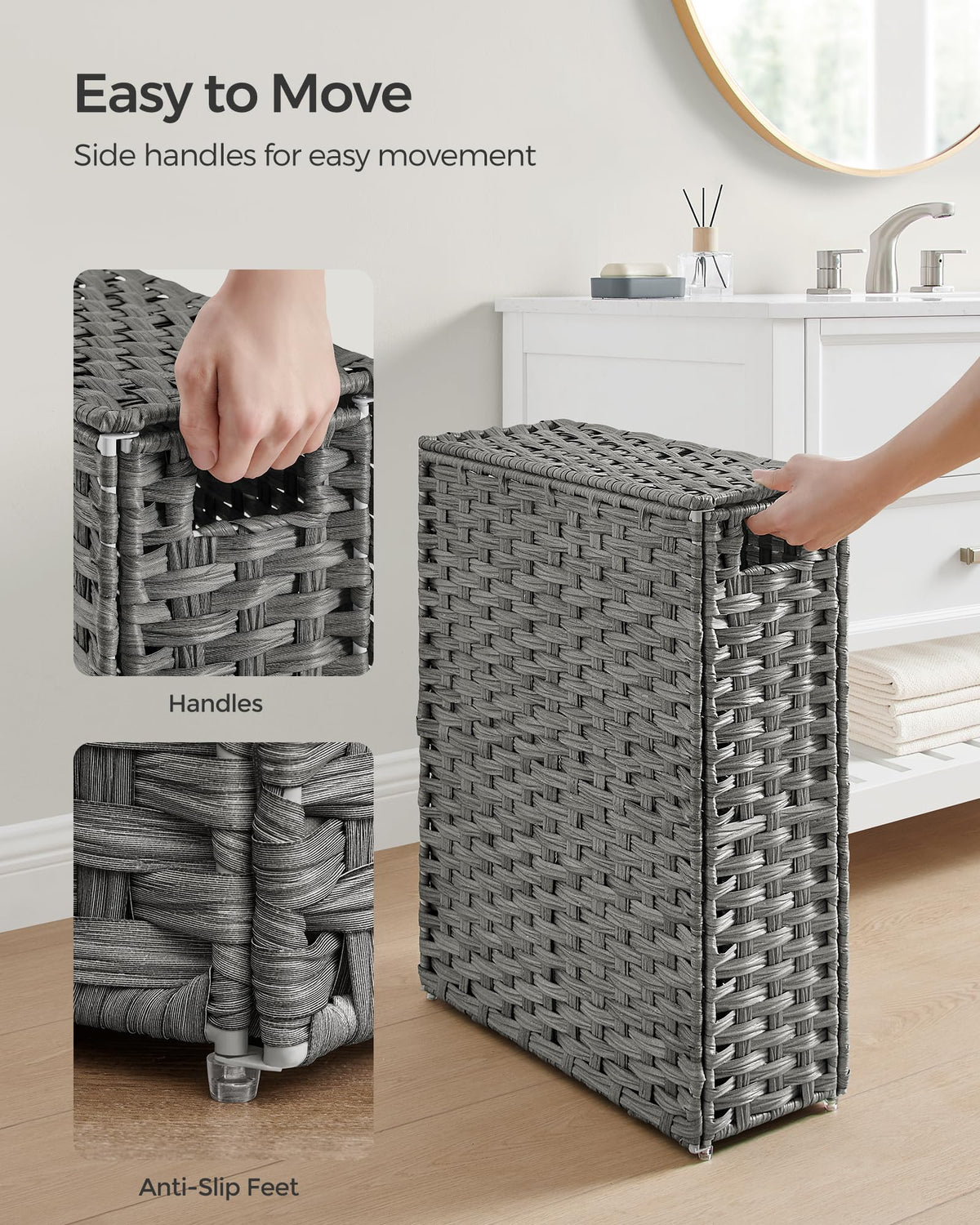 Songmics Slim Laundry Hamper foldable design stores compactly when not in use.