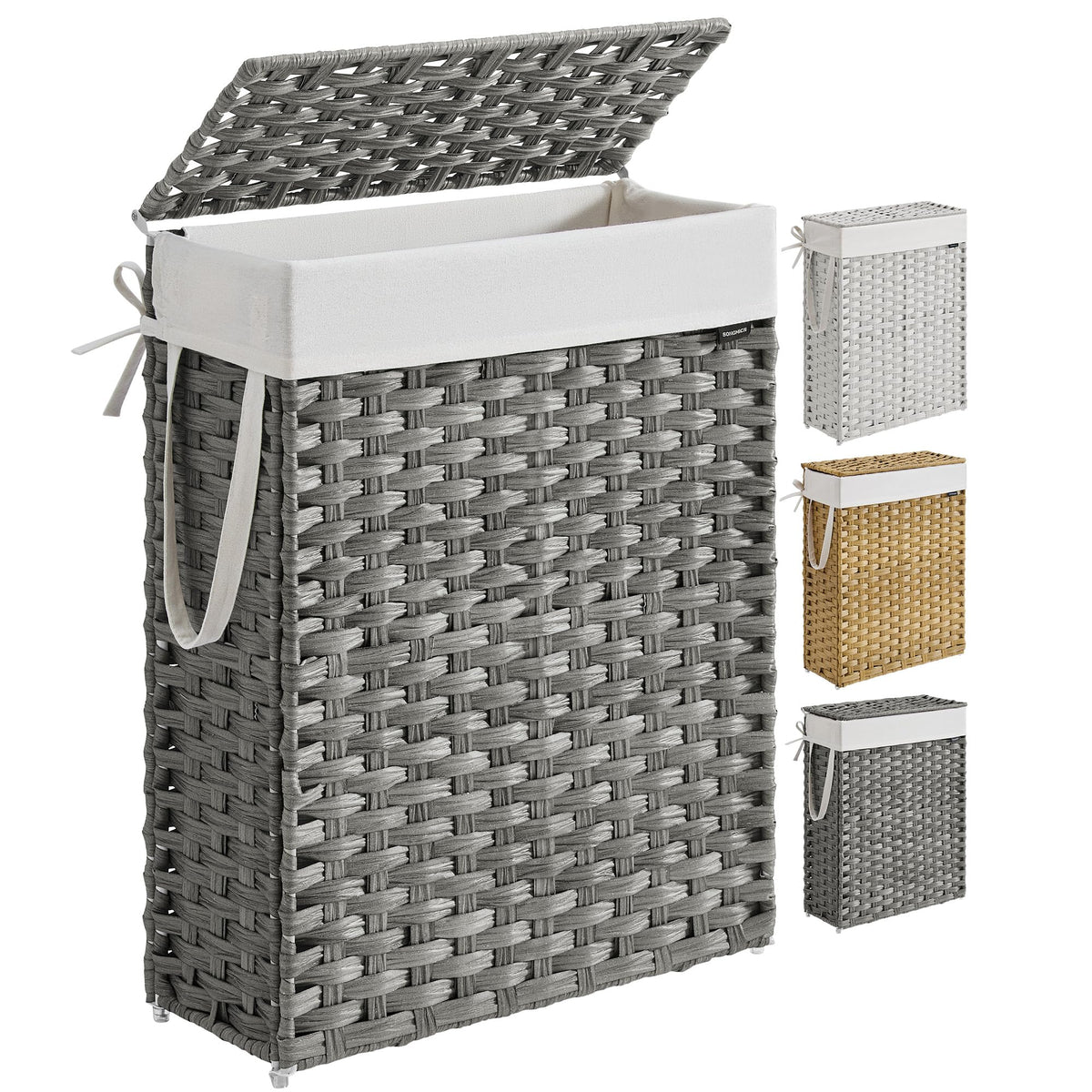 Songmics Slim Laundry Hamper lid in use, concealing laundry and reducing odors.