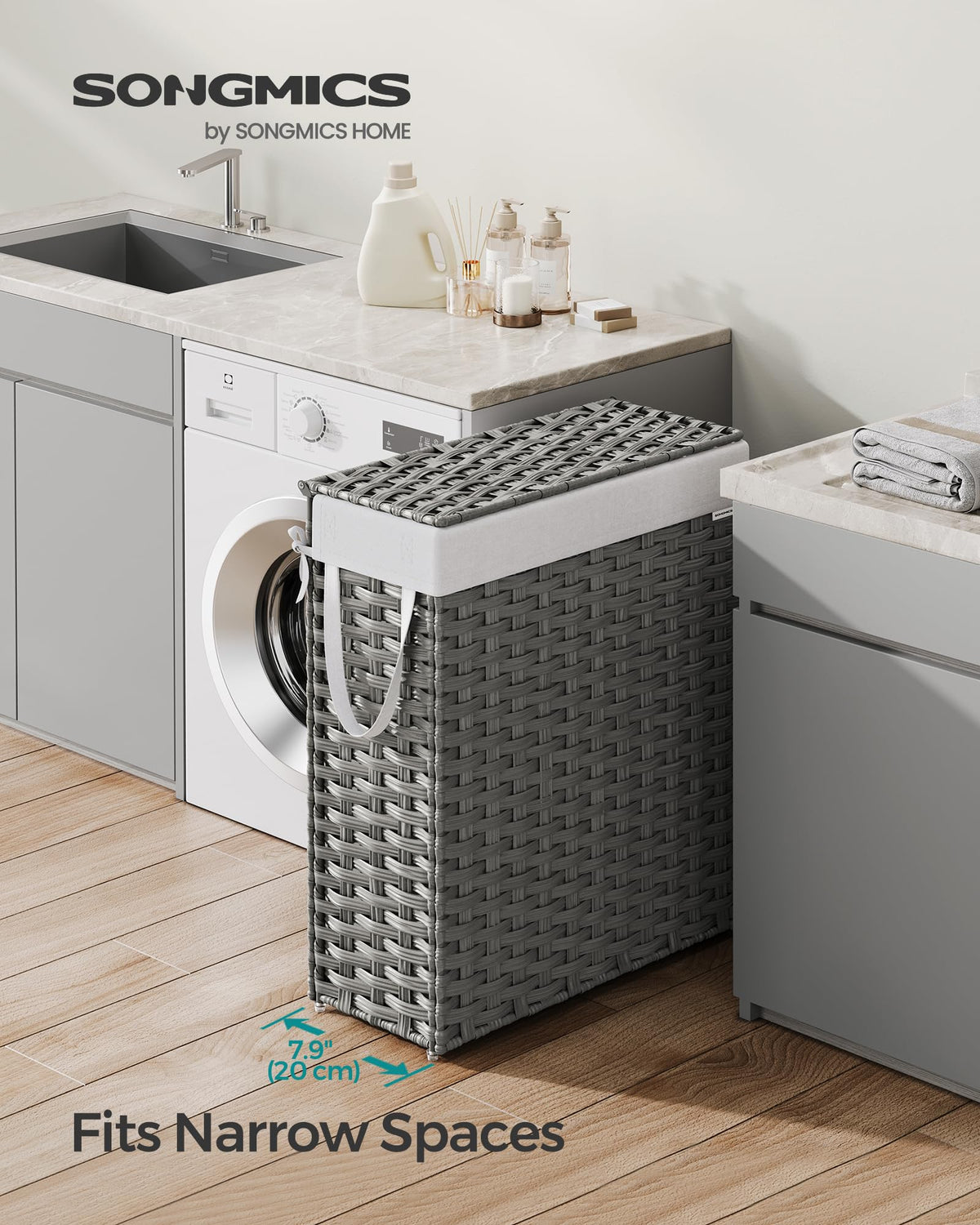 Songmics Slim Laundry Hamper removable liner being removed for washing.