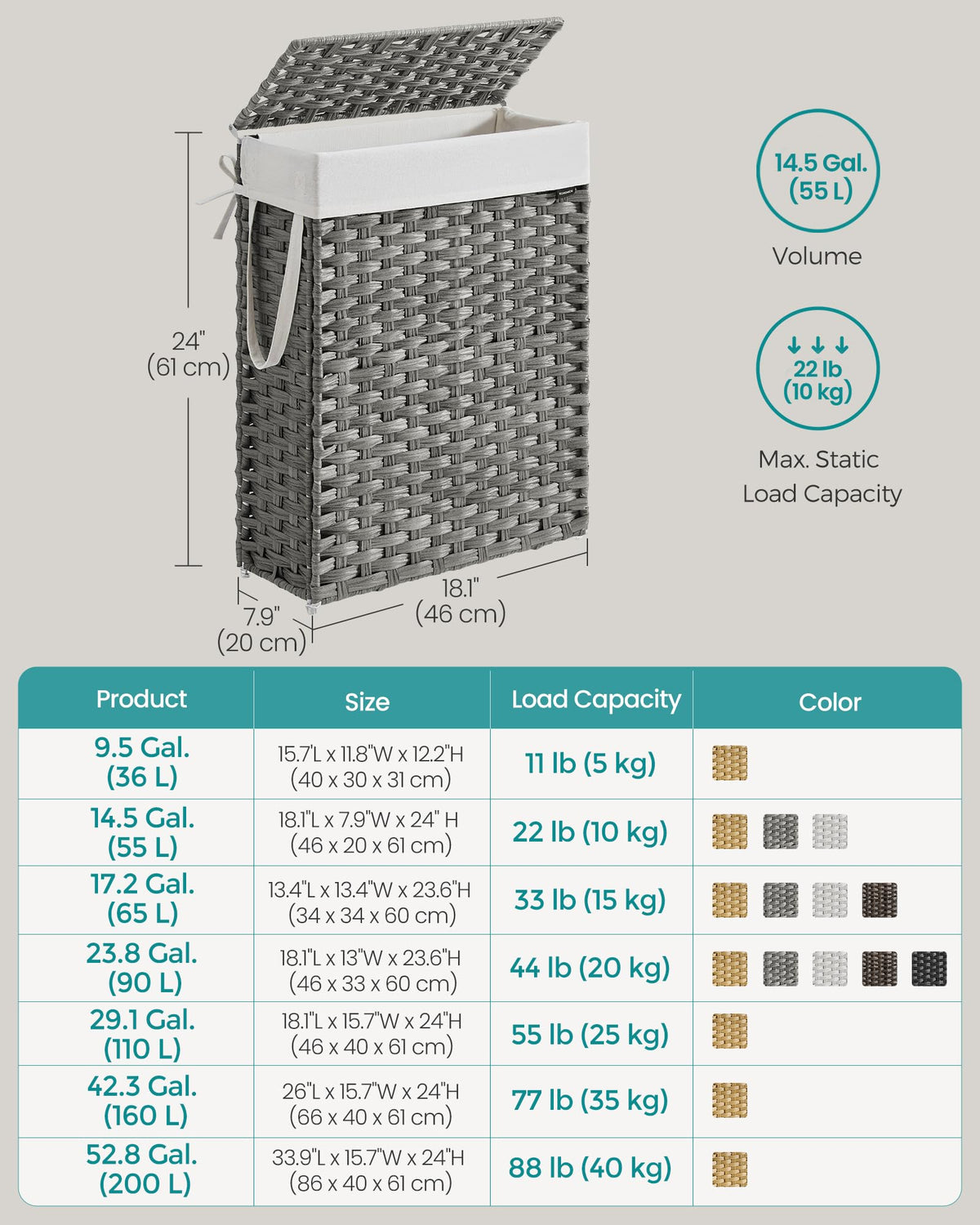 Songmics Slim Laundry Hamper waterproof rattan aids ventilation and quick-drying clothes.