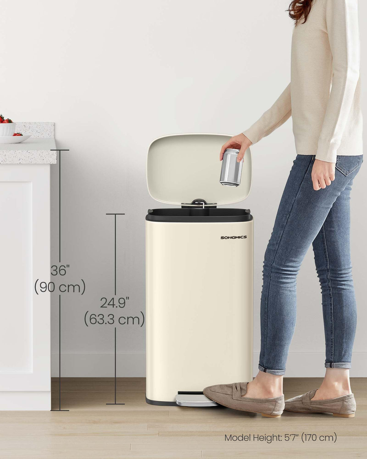 Songmics slim sand-beige bin fits narrow spaces with modern style.