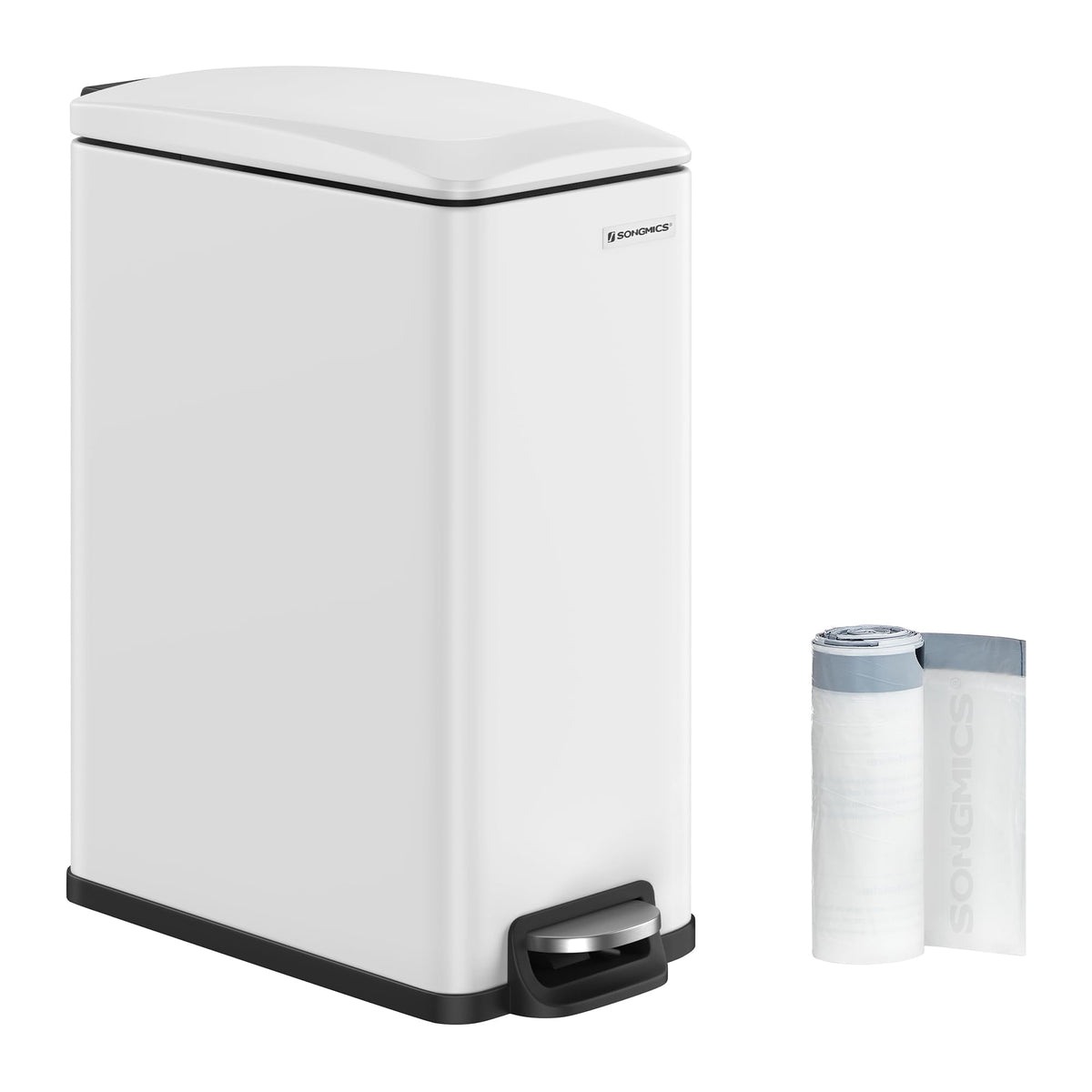 SONGMICS slim trash can front view in a narrow kitchen for space-saving