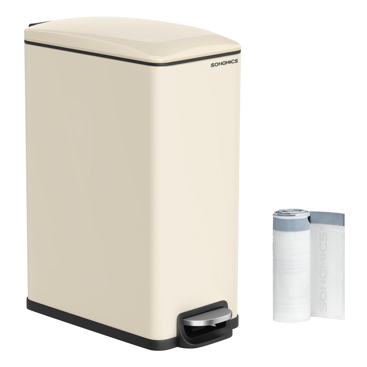 SongMics slim trash can front view highlights space-saving design for tight kitchens.