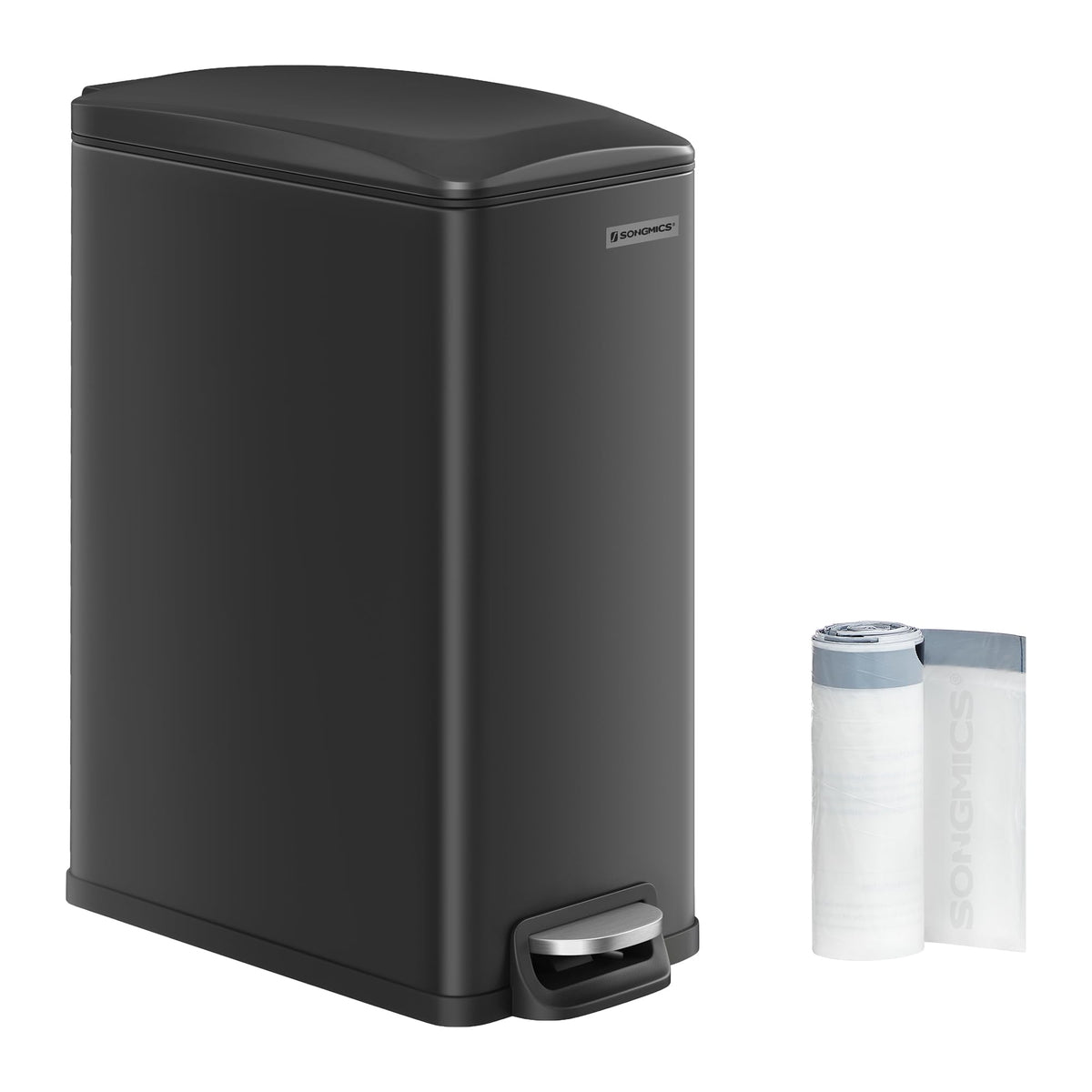 SONGMICS slim trash can with narrow-space design for tight kitchens and offices.
