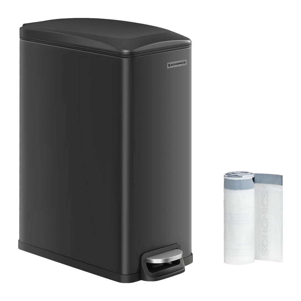 SONGMICS slim trash can with narrow-space design for tight kitchens and offices.