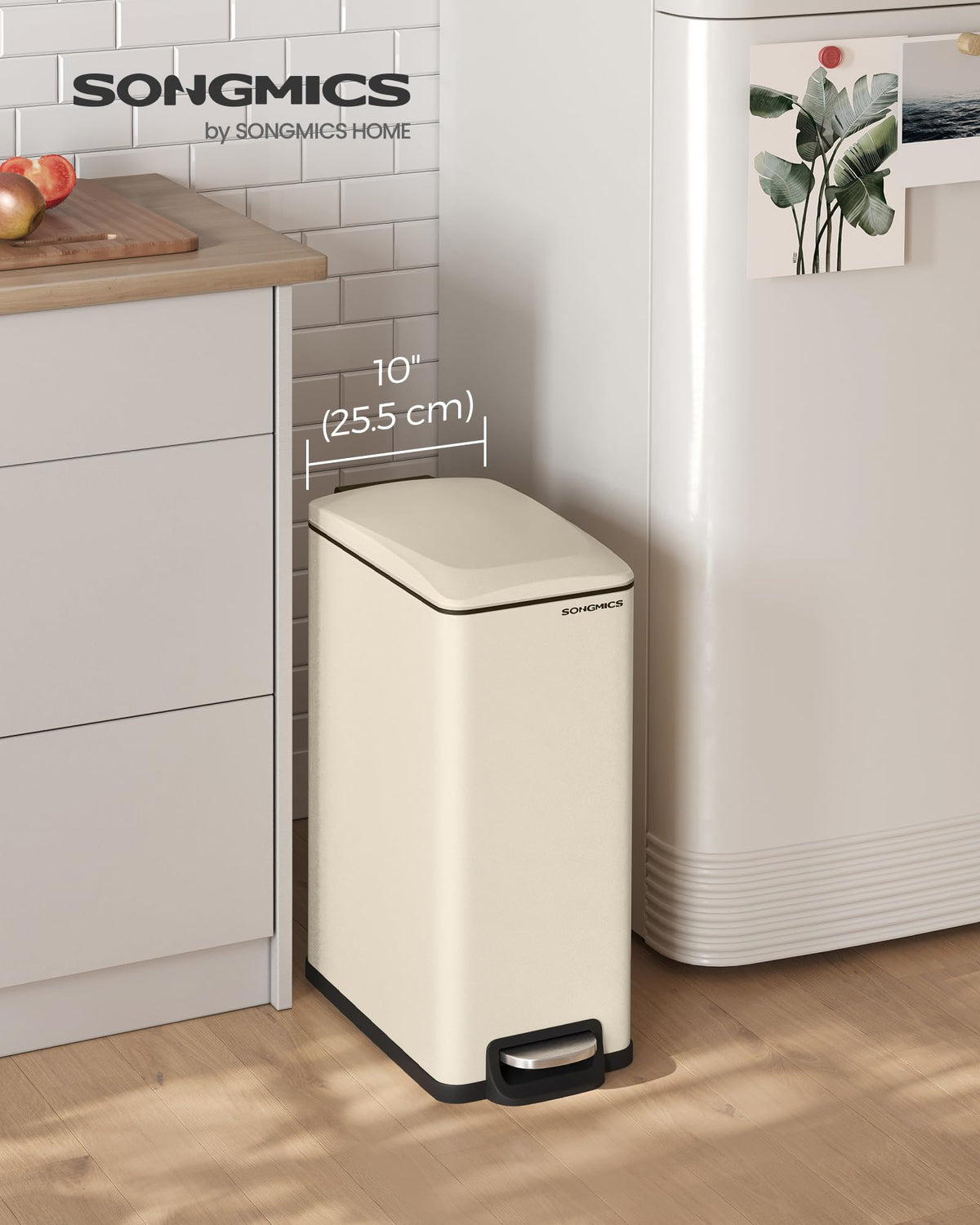 SongMics slim trash can side view with lid shows compact footprint for narrow gaps.