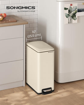 SongMics slim trash can side view with lid shows compact footprint for narrow gaps.