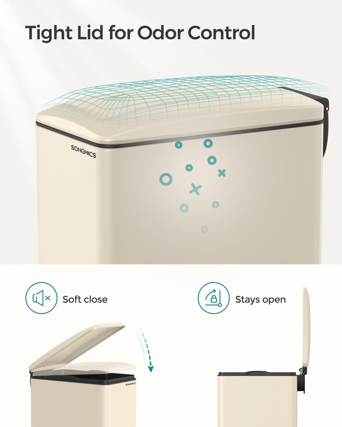 SongMics slim trash can soft-close lid keeps odors contained in small spaces.