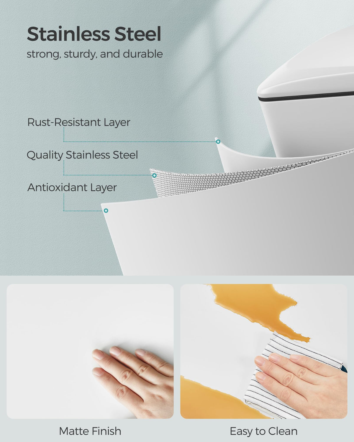 SONGMICS stainless steel white finish on a slim trash can