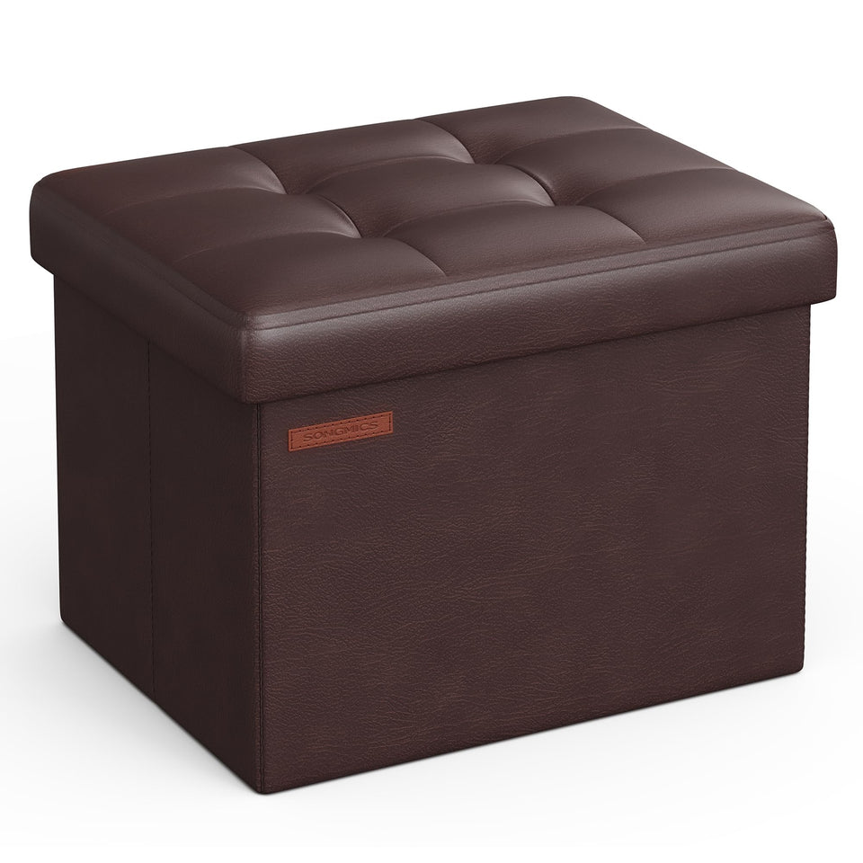 Songmics small folding storage ottoman chestnut brown front view, ideal for extra seating and hidden storage.