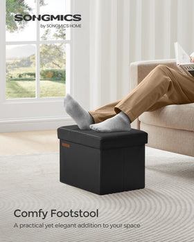Songmics small folding storage ottoman side view shows slim profile and versatile seating