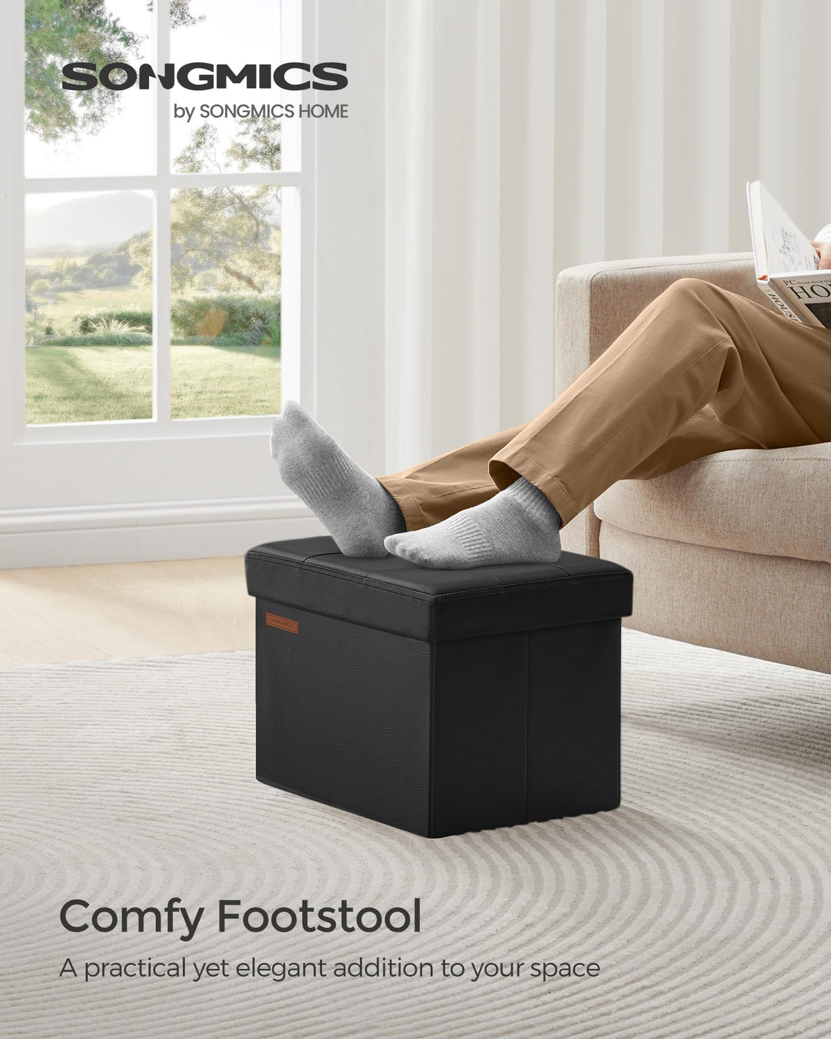 Songmics small folding storage ottoman side view shows slim profile and versatile seating