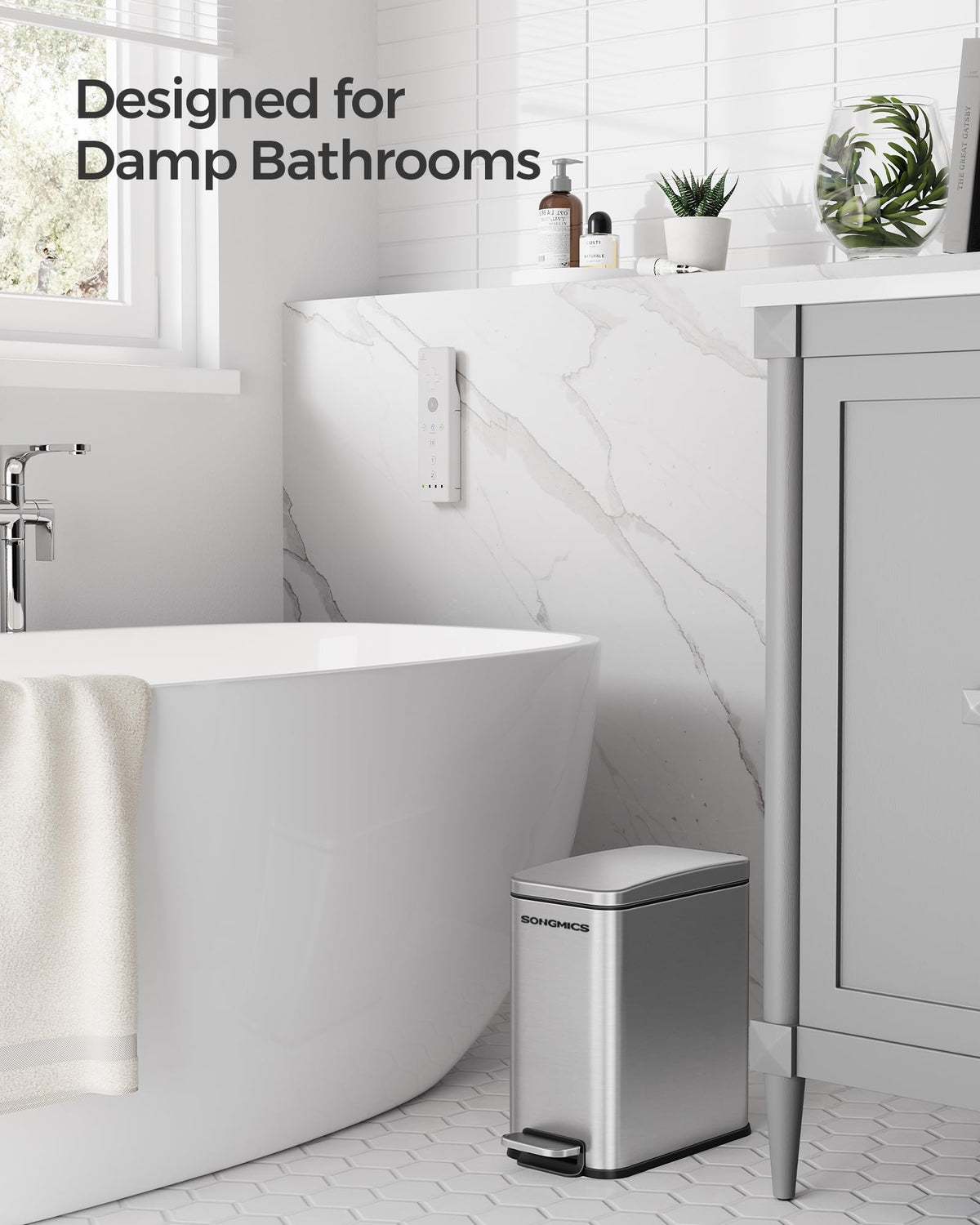 SONGMICS soft-close lid ensures quiet, smooth disposal.