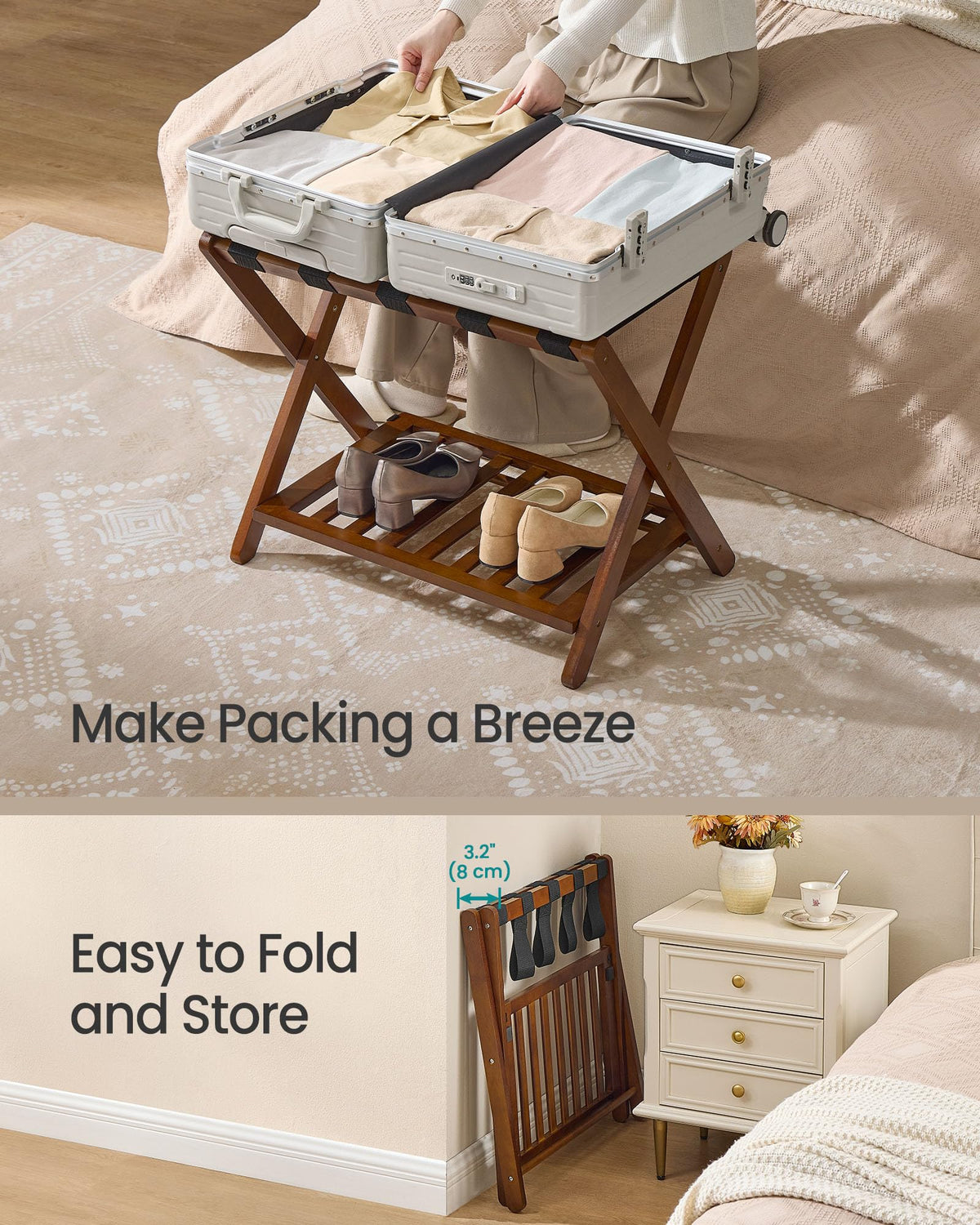 SONGMICS solid wood luggage rack in a bedroom setup complements wooden furniture