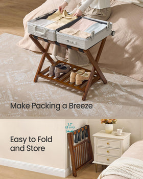 SONGMICS solid wood luggage rack in a bedroom setup complements wooden furniture