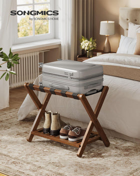 SONGMICS solid wood luggage rack side view with compact footprint