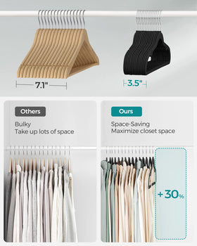 SONGMICS slim 0.2 inch hanger saves closet space and fits tight shelves.