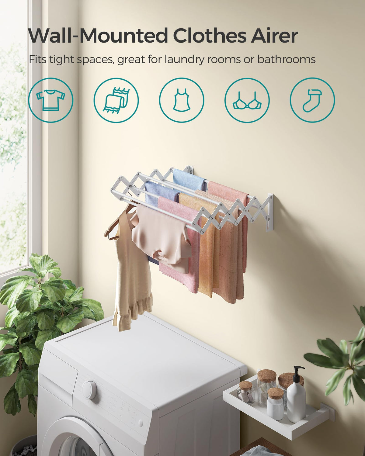 Songmics space-saving design keeps laundry area neat and accessible after use.