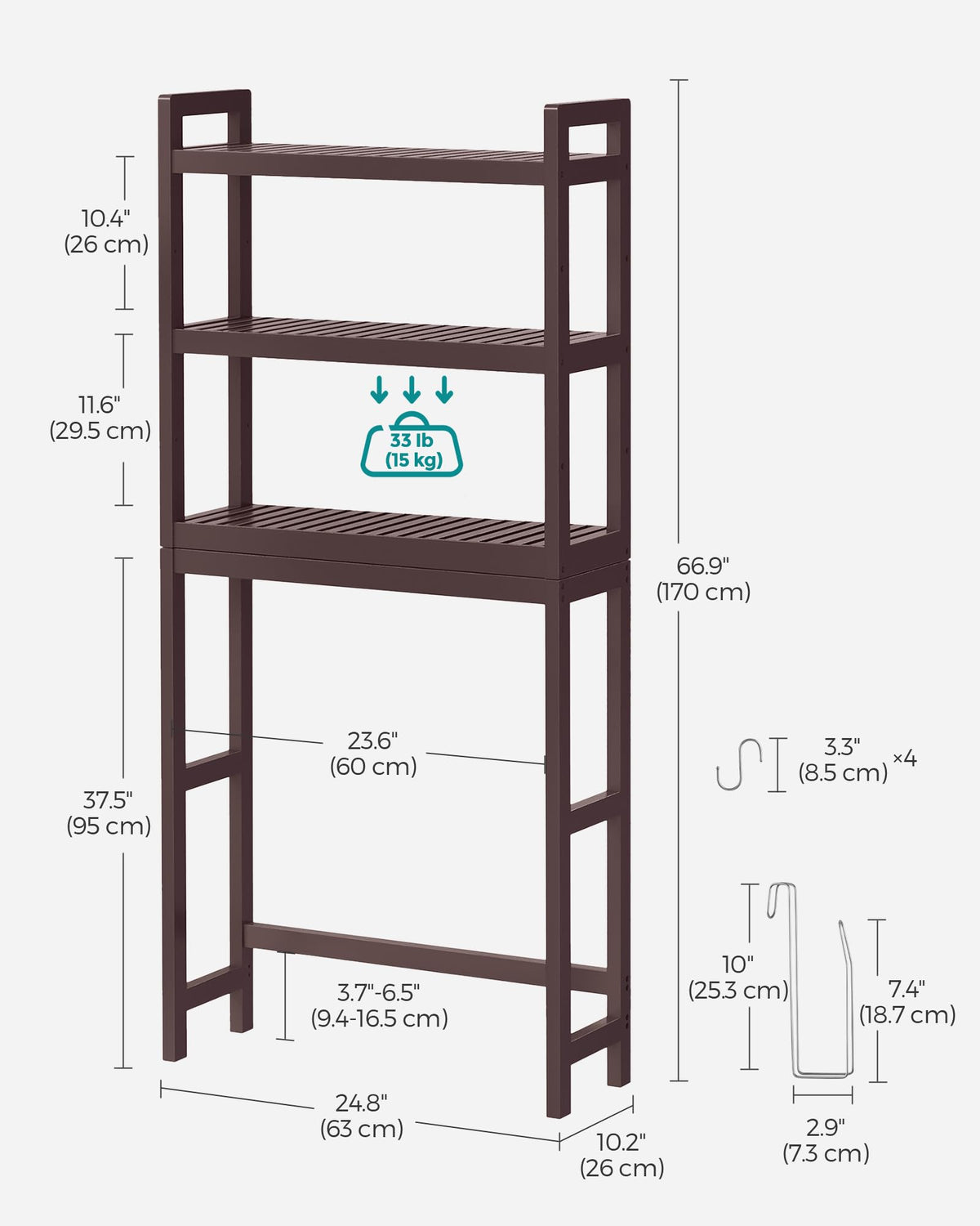 SONGMICS spacious bottom area provides extra storage over the toilet while staying uncluttered.