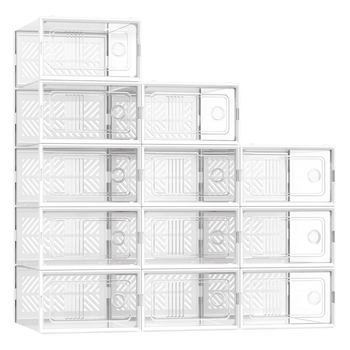 SONGMICS stackable shoe boxes with a transparent front for quick pair selection.