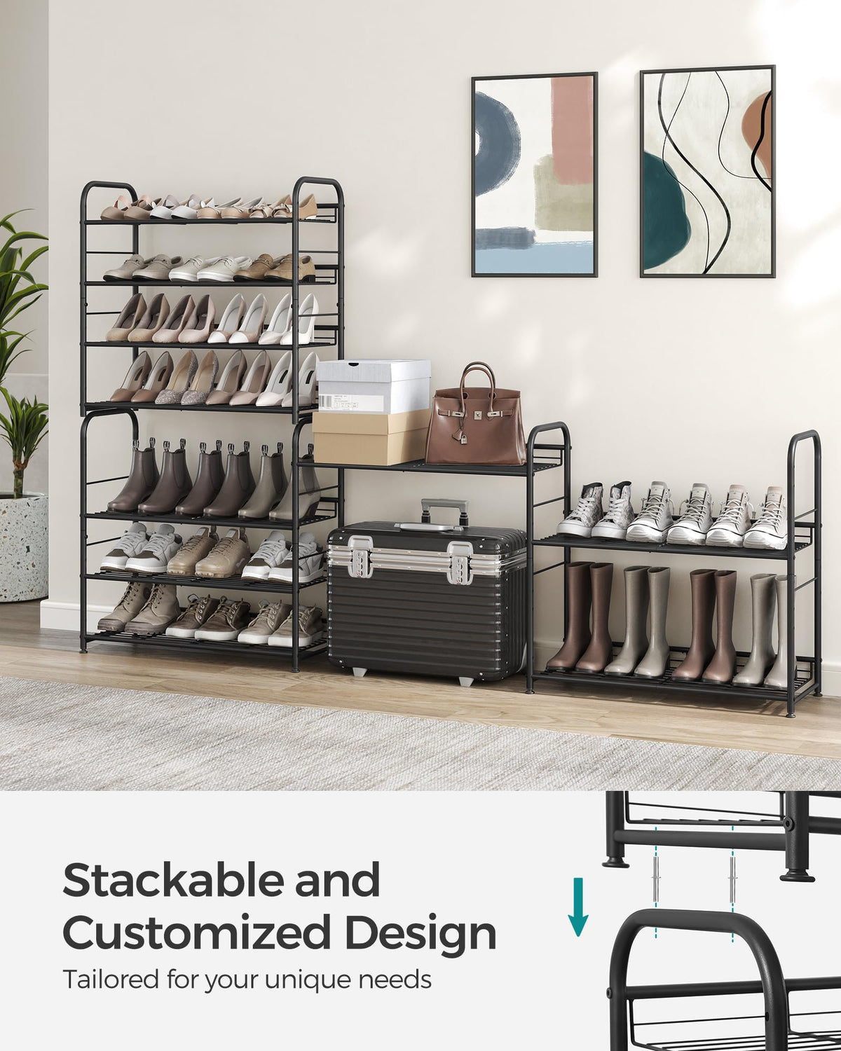SONGMICS stackable shoe rack adjustable-shelves enables personalized storage for sneakers, heels, and boots