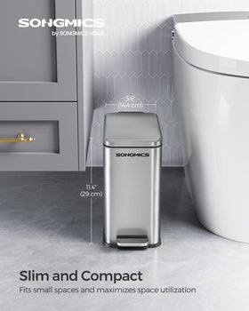 SONGMICS stainless steel bin resists rust in damp bathrooms.
