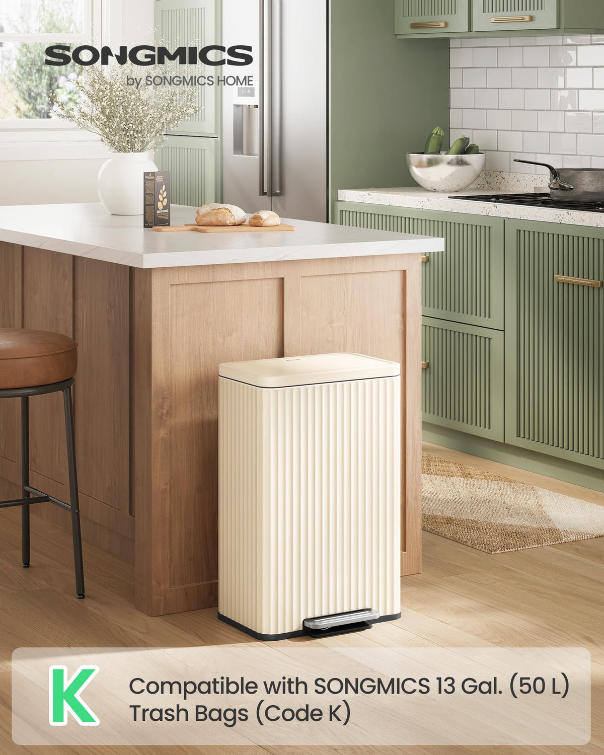 Songmics stainless steel body provides durable, rust-resistant kitchen waste storage.