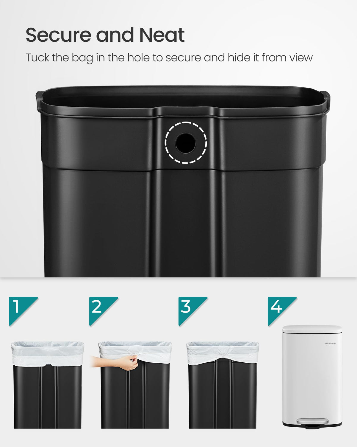 SONGMICS step-on pedal enables hands-free lid opening.
