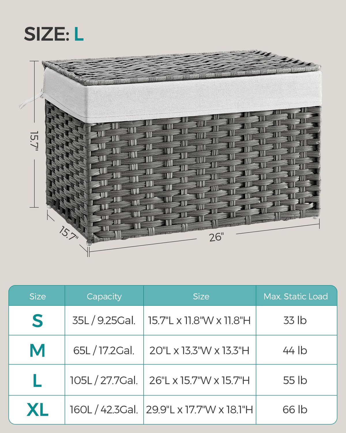 Large 105 L capacity shown in a bedroom with blankets.