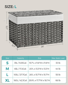Large 105 L capacity shown in a bedroom with blankets.