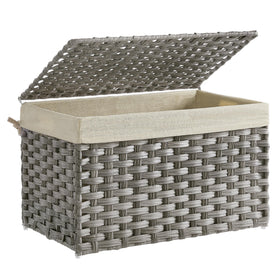 SONGMICS storage basket with lid conceals laundry and helps contain odors.
