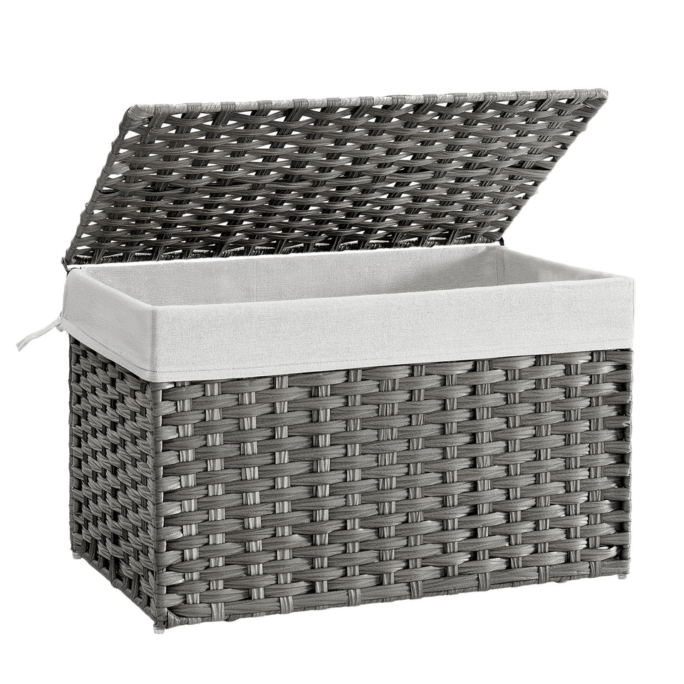 SONGMICS storage basket with lid gray front view showing spacious 105 L capacity for blankets.