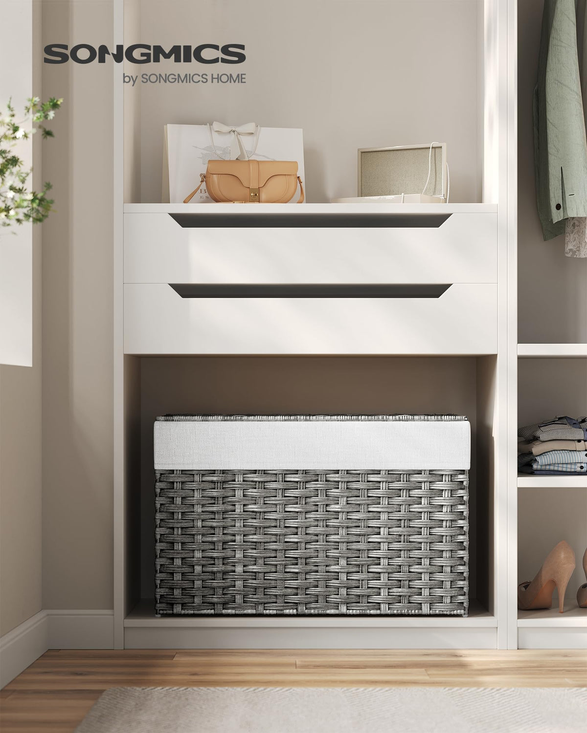 SONGMICS storage basket with lid open, easy one-handed access to laundry.