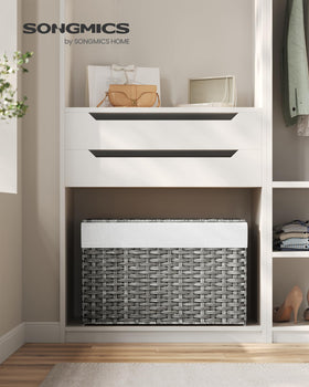 SONGMICS storage basket with lid open, easy one-handed access to laundry.