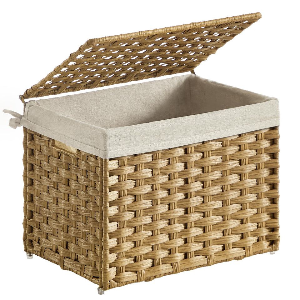 SONGMICS storage basket with lid keeps laundry organized and accessible.