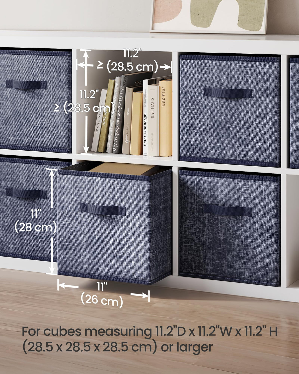SONGMICS misty blue bins with bottom board visible for sturdy stand on shelves