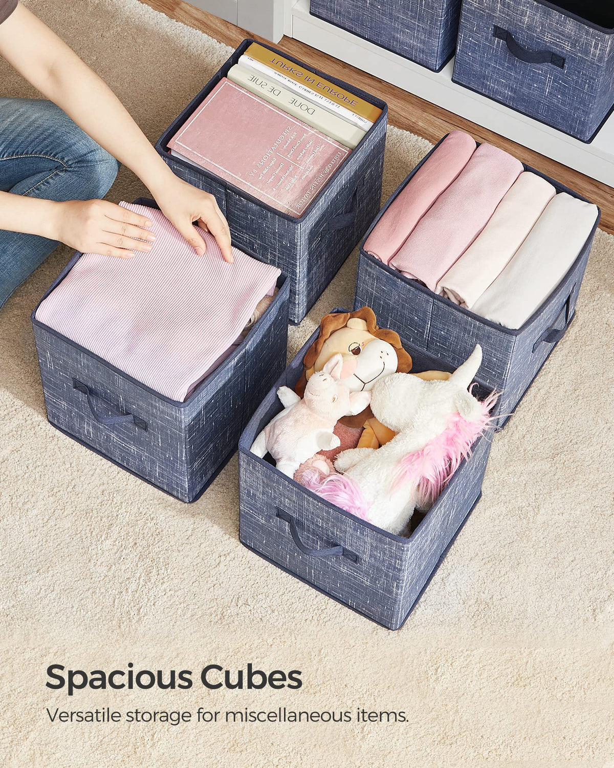 SONGMICS durable fabric bins hold items securely with easy-to-grab handles