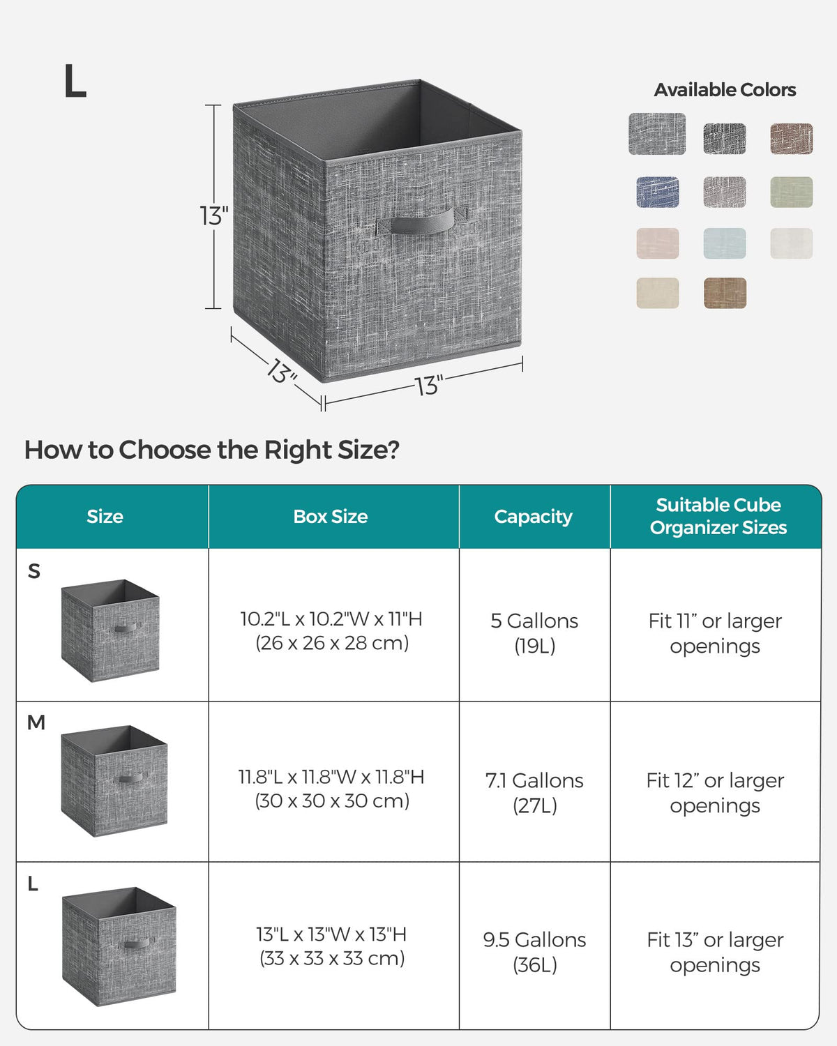 13-inch cube storage fit ensures compatibility with standard organizers.