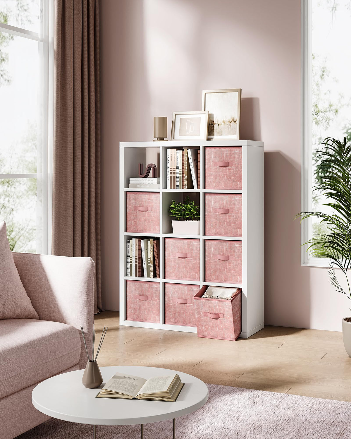 SONGMICS jelly pink storage cubes on study shelf, ideal for books and accessories.