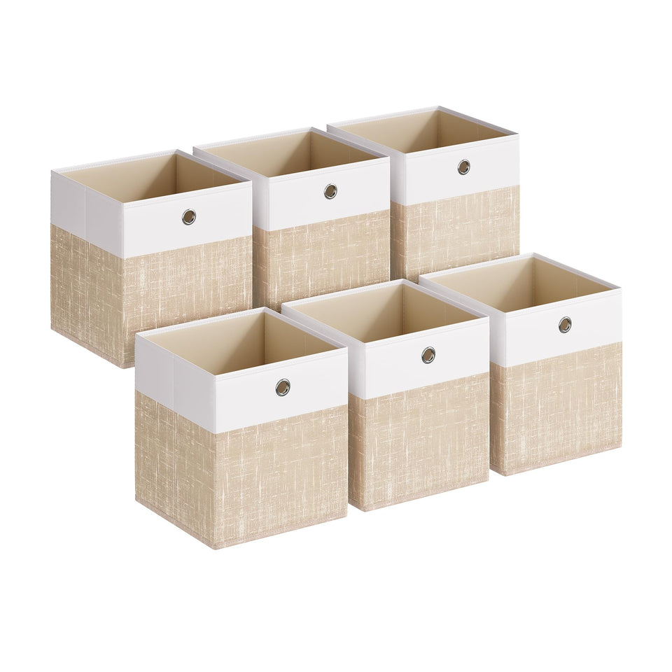 SONGMICS storage cubes in white and sand on a shelf for organized closet.