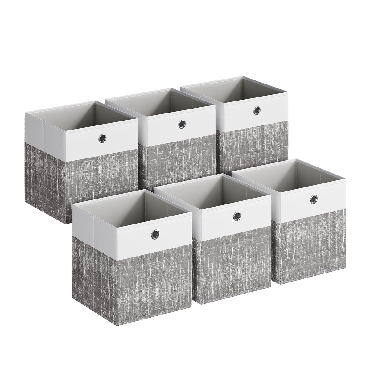 Songmics storage cubes with foldable fabric and handles for easy shelf access.