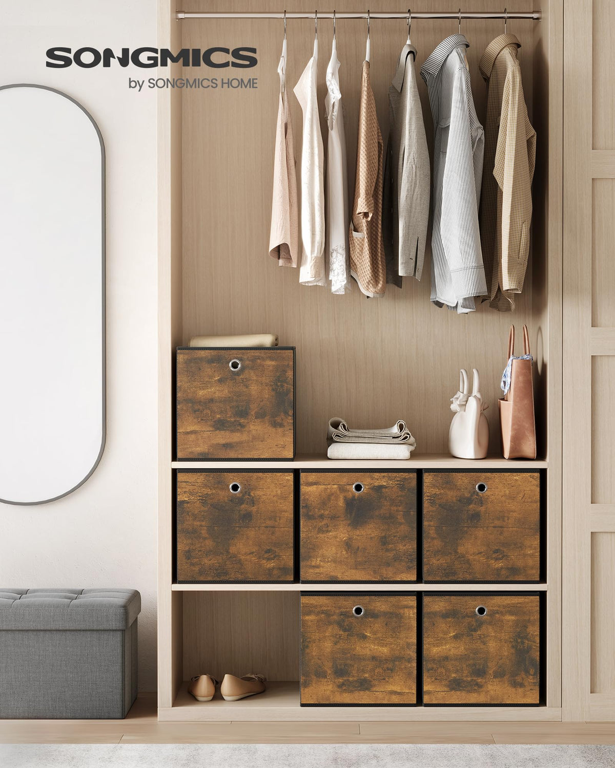 Songmics cubes with grommet handles, easy to pull from cube storage.