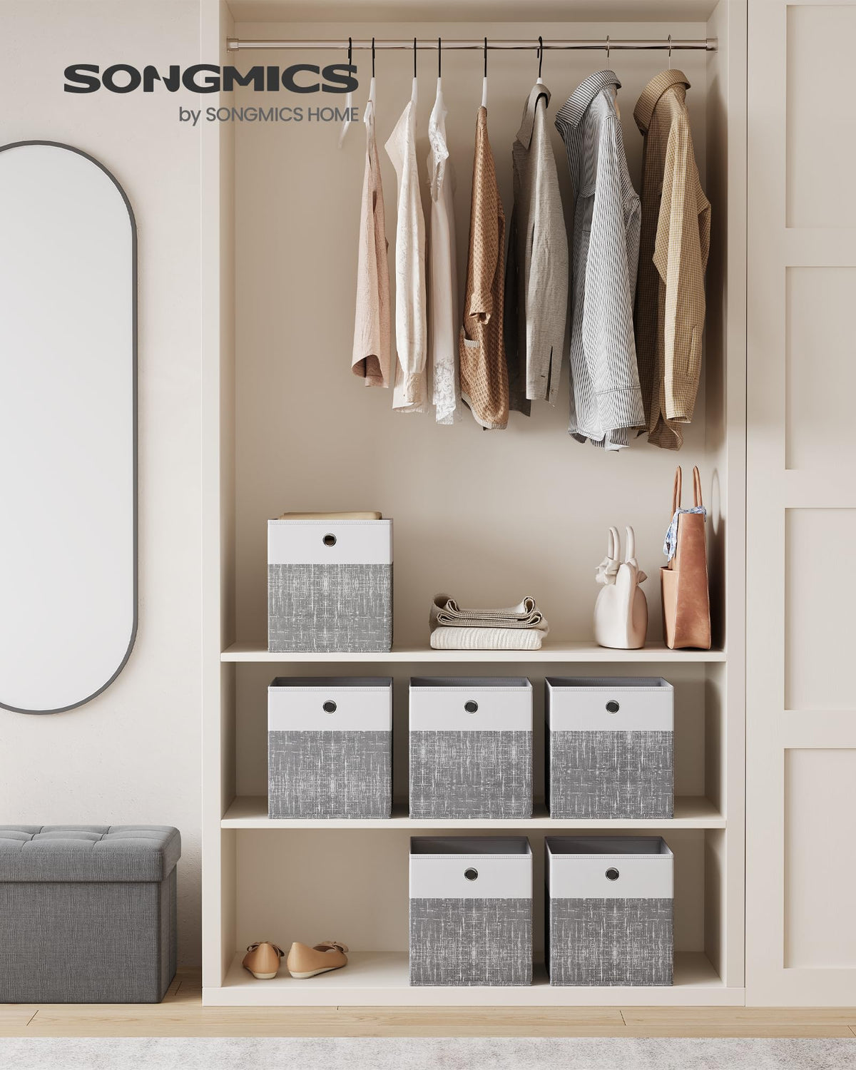 Songmics linen-look storage cubes in white and gray add elegant organization.