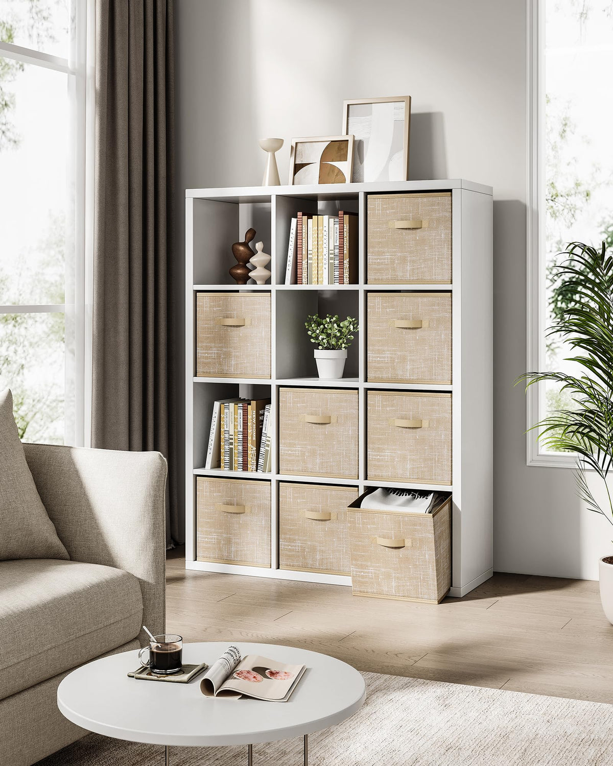SONGMICS bins on living room shelf for books and accessories