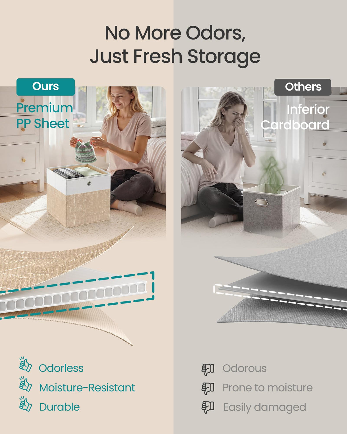 SONGMICS storage cubes with metal handles allow easy sliding from shelves.