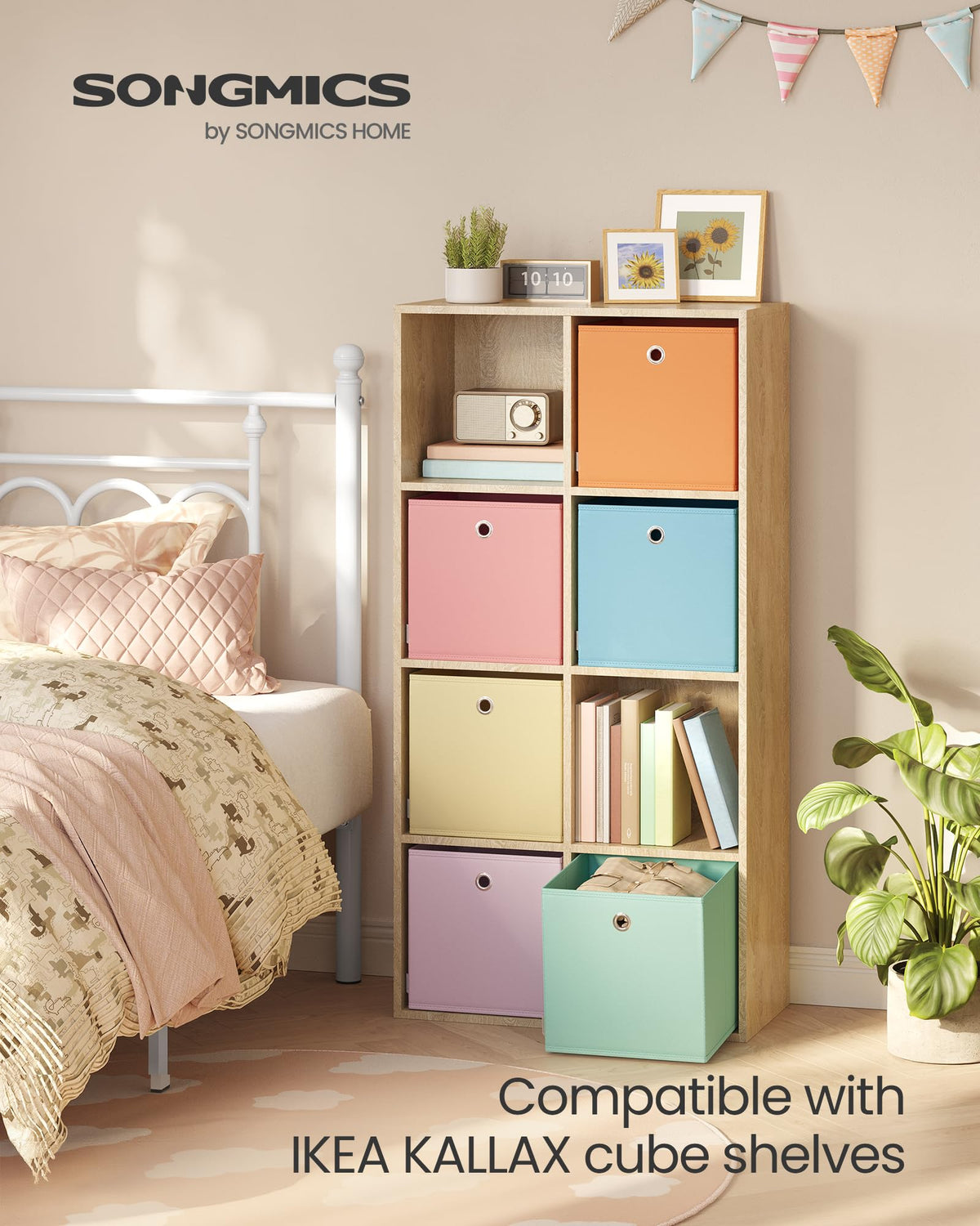 SONGMICS colorful storage boxes with rainbow hues demonstrate durable, organized shelving.