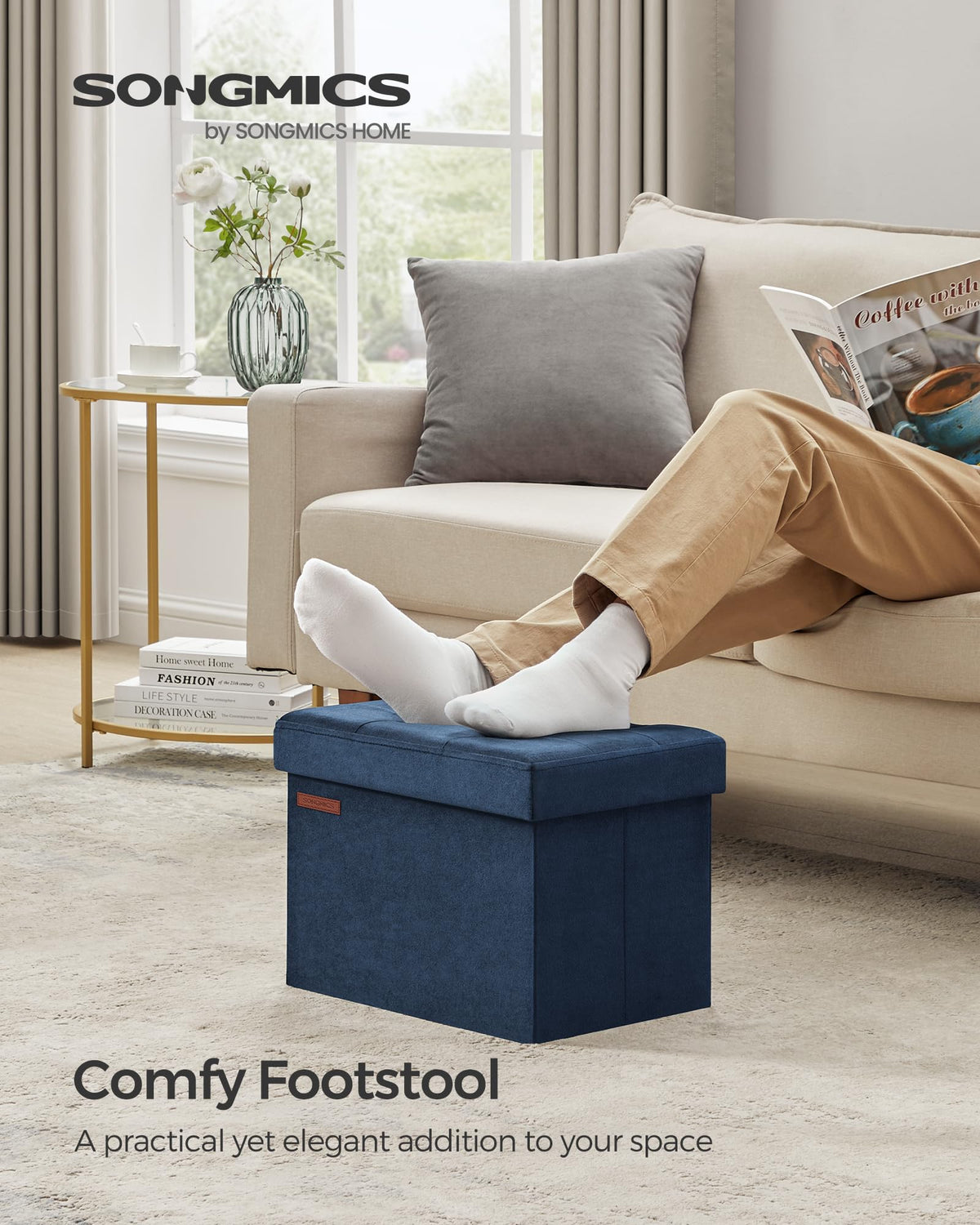 SONGMICS 32-liter storage ottoman keeps clothes and magazines neatly tucked away.