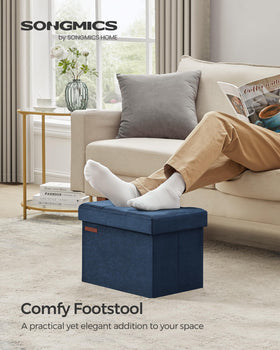 SONGMICS 32-liter storage ottoman keeps clothes and magazines neatly tucked away.