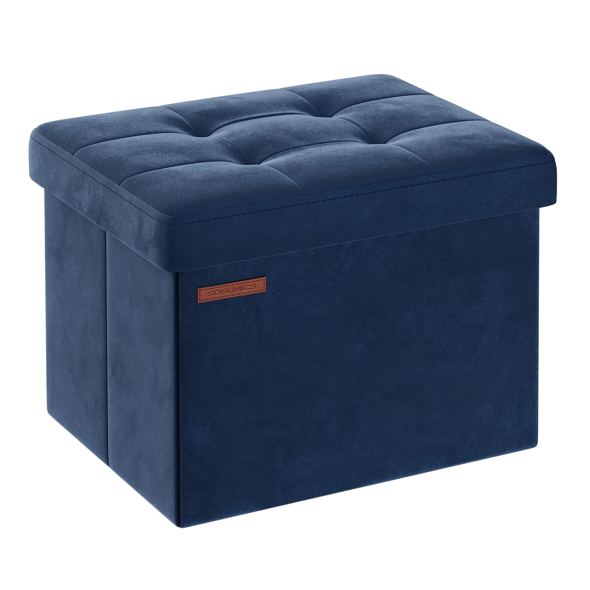 SONGMICS storage ottoman folds for compact living spaces with midnight blue velvet.