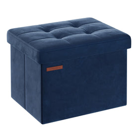 SONGMICS storage ottoman folds for compact living spaces with midnight blue velvet.